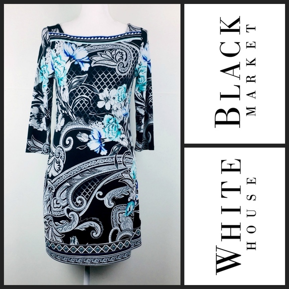 White House Black Market Dresses & Skirts - WHBM Blue Floral Boat Neck Shift Dress Womans XS